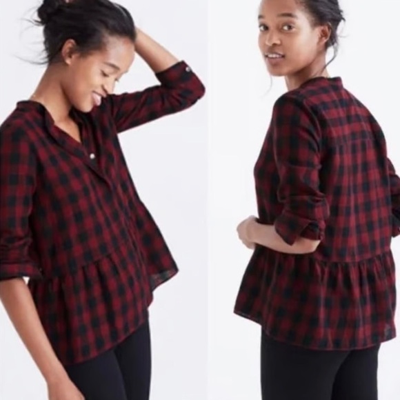 Madewell Tops - Madewell babydoll top XS linen cotton blend red/black plaid button up peplum top
